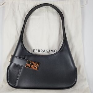 Salvatore Ferragamo Black Shoulder Bag with Gold Buckle